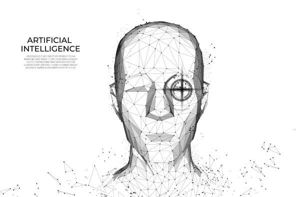 bildbanksillustrationer, clip art samt tecknat material och ikoner med robot eller cyborg man med ai-artificiell intelligens. ansikts igenkänning.  bio metrisk skanning, 3d-skanning. face-id.  och skannings teknik. polygon vektor wireframe vektor. rpa - brain scan'