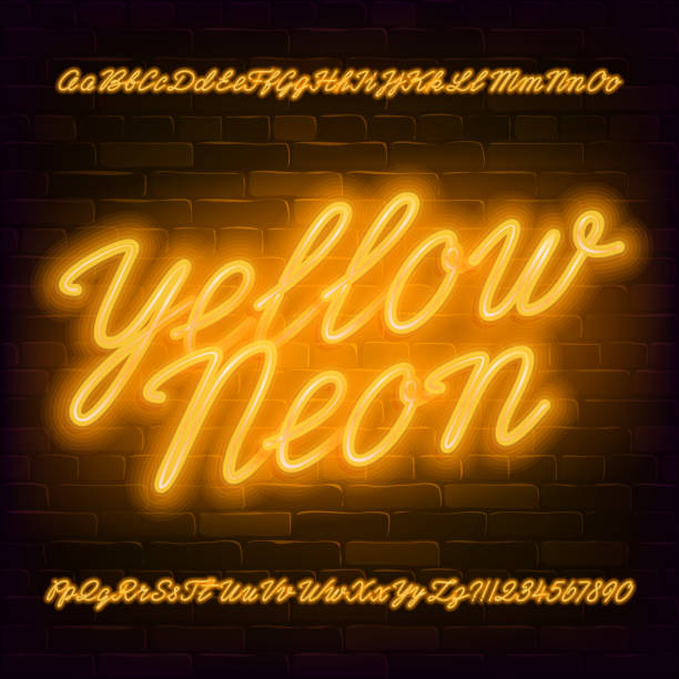 ilustraciones, imágenes clip art, dibujos animados e iconos de stock de fuente de alfabeto yellow neon script. color neón en minúsculas y mayúsculas letras brillantes y números. - letra mayúscula