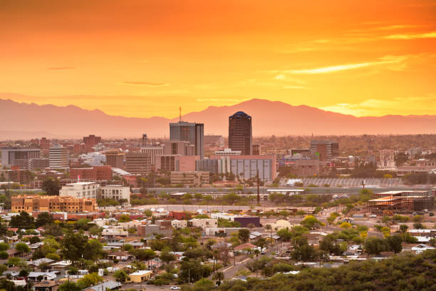 Tucson, Arizona, USA Skyline Tucson, Arizona, USA downtown city skyline with mountains at twilight. tucson stock pictures, royalty-free photos & images