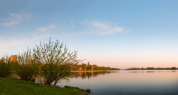 Spring panorama of Elk city from the shore of the lake. Masuria, Poland.