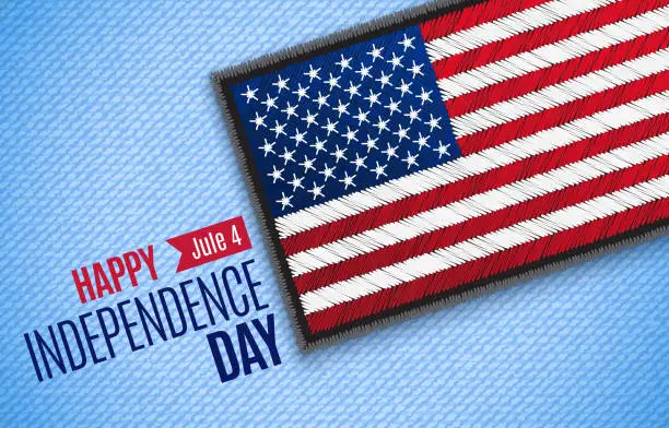 Vector illustration of The fourth of July, American Independence Day vector greeting card. Jule 4. USA Flag on jeans fabric. Vector illustration. Digital craft style - embroidery, patch, simulating real fabric