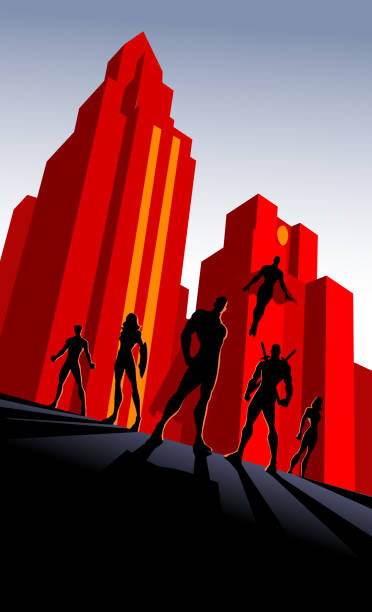 Vector Art Deco Superhero Team Silhouette Illustration A  retro style art deco illustration of a team of superheroes, with art deco buildings in the background. Wide space available for your copy. decoteau stock illustrations