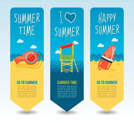 Torpedo rescue lifeguard buoy, lifeguard tower and whistle. Summer Travel and vacation vector banners. Summertime. Holiday
