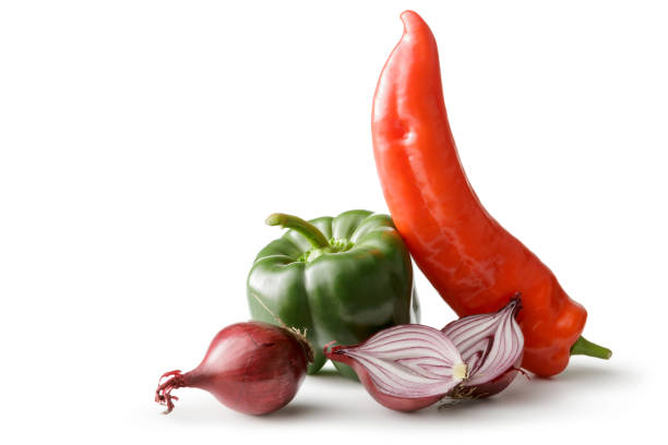 Vegetables: Peppers, Tomato and Onion Isolated on White Background
