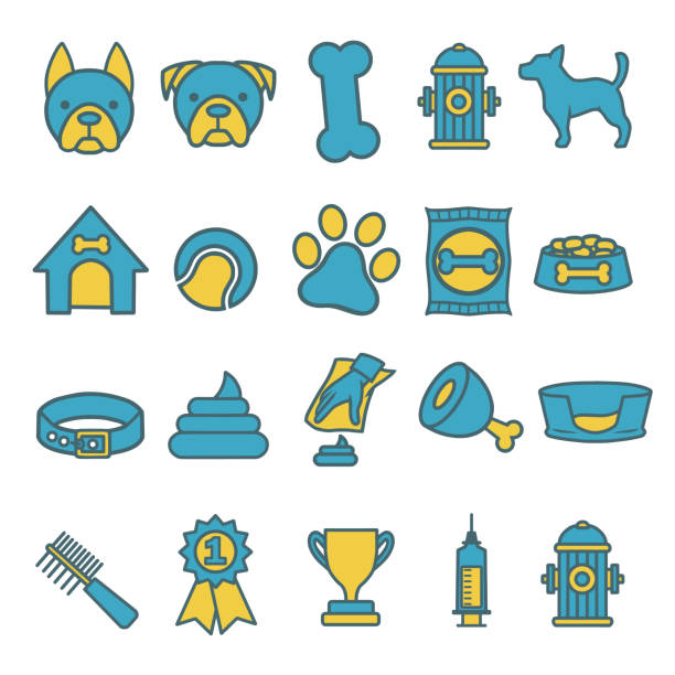 Blue and yellow ector icons set for creating infographics related to dogs, like food, pet bowl, toy, comb or bed dog icon set pet toy stock illustrations