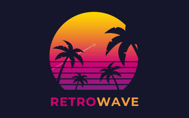 RETROWAVE 2 Vector illustration of a palm tree on the background of a sunset and a flying plane in the style of retrowave miami beach stock illustrations