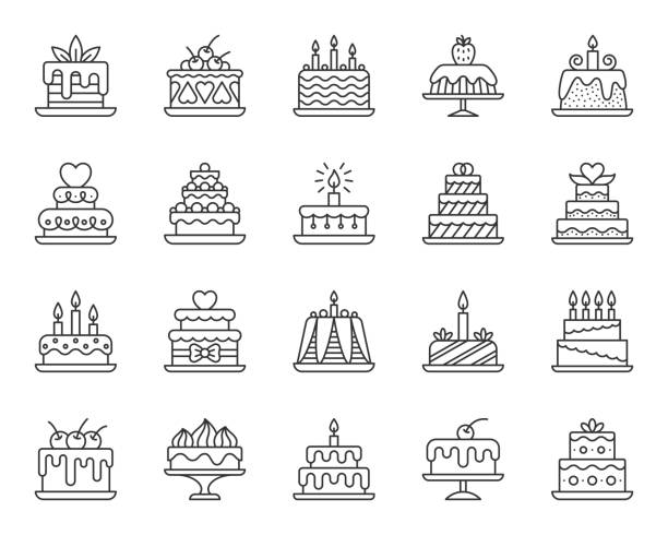 ilustraciones, imágenes clip art, dibujos animados e iconos de stock de cake postre simple línea negra iconos vector conjunto - pastel