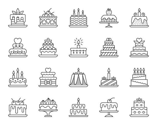 ilustrações, clipart, desenhos animados e ícones de linha preta simples dos ícones da sobremesa do bolo - birthday cupcake cake candy