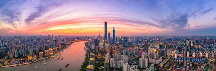 shanghai skyline panorama with dramatic sunset