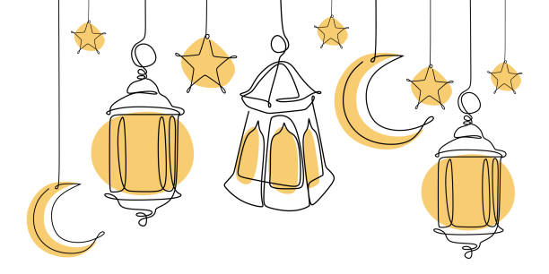 lantern ramadan continuous line drawing decorative design on white background lantern ramadan continuous line drawing decorative design on white background panoramic stock illustrations