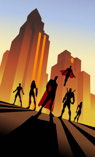 Vector Retro Art Deco Poster Superhero Team Silhouette in the City A retro Art Deco Style vector illustration of a team of superheroes in silhouette with city skyline in the background. Easy to edit, wide space available for your copy. decoteau stock illustrations