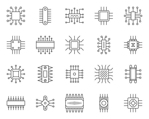 마이크로칩 간단한 검정 선 아이콘 벡터 세트 - mother board computer chip circuit board electrical component stock illustrations