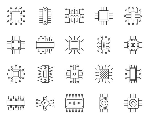Microchip simple black line icons vector set Micro chip thin line icon set. Outline sign kit of cpu. PC component linear icons of abstract circuit, hi tech, electronic technology. Computer core simple contour symbol isolated. Vector Illustration computer chip stock illustrations