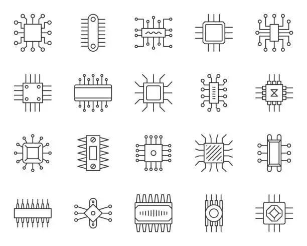 Vector illustration of Microchip simple black line icons vector set