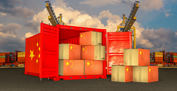 cardboard boxes with  China flags  in a container  on the port wharf.3d illustration