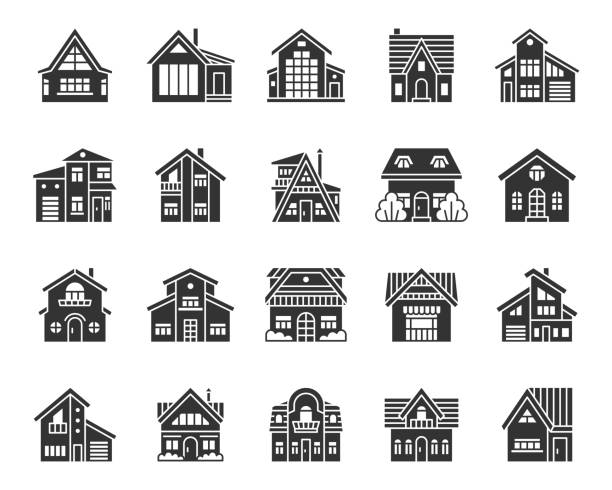 House silhouette icons set. Web sign kit of home exterior. Township pictogram collection includes residence, chalet, rent. Simple cottage black symbol isolated on white. Vector Icon shape for stamp