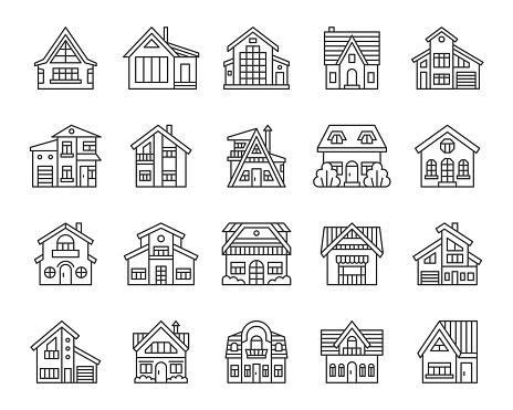 House thin line icon set. Outline web sign kit of exterior. Township linear icons of modern town, city mansion, architecture. Simple cottage black contour symbol isolated on white. Vector Illustration