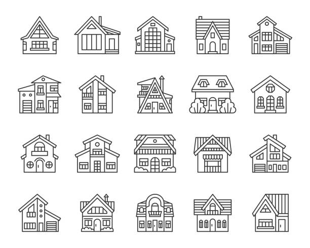 House simple black line icons vector set House thin line icon set. Outline web sign kit of exterior. Township linear icons of modern town, city mansion, architecture. Simple cottage black contour symbol isolated on white. Vector Illustration cityscape clipart stock illustrations