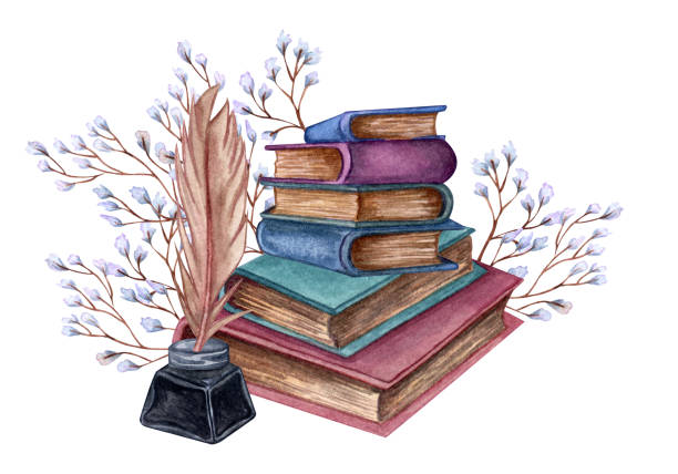 ilustrações de stock, clip art, desenhos animados e ícones de hand drawn watercolor illustration a pile of old books with ink bottle and feather, floral twig. antique objects. - old book stack open