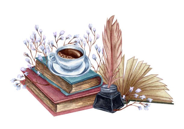 ilustrações de stock, clip art, desenhos animados e ícones de hand drawn watercolor illustration a pile of old books with ink bottle,  feather, floral twig and coffee. antique objects. - antique old fashioned illustration and painting ancient