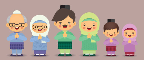 illustrazioni stock, clip art, cartoni animati e icone di tendenza di cartone animato famiglia musulmana - padre, madre, nonno, nonna & figli. - malaysian person family asian ethnicity mother