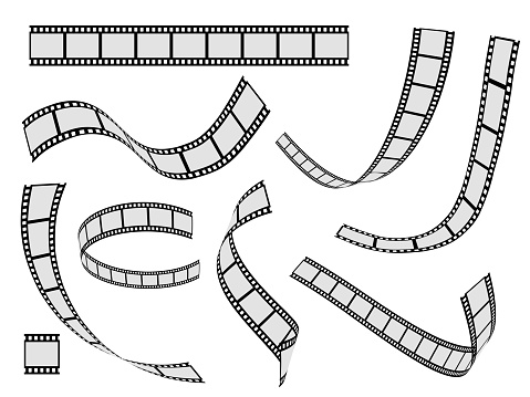 Film strip set. Cinema strip roll 35mm blank slide frame, photo video monochrome picture negative vintage media filmstrip, vector movie design