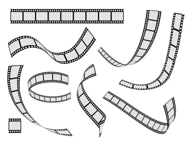 Vector illustration of Film strip set. Cinema strip roll 35mm blank slide frame, photo video monochrome picture negative vintage media, vector movie design