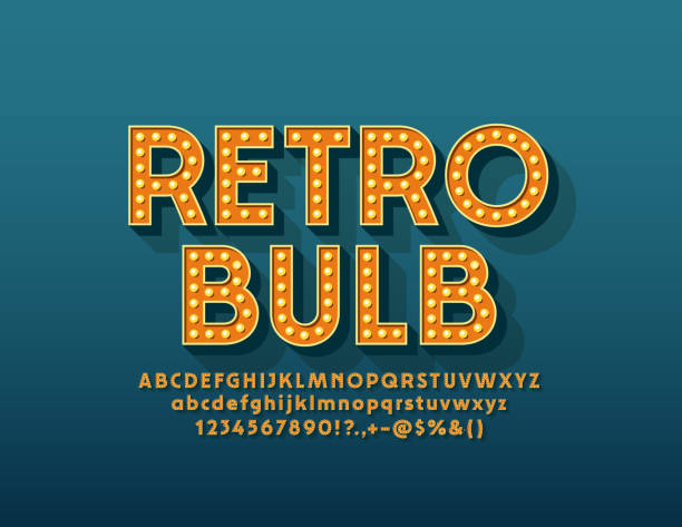 stockillustraties, clipart, cartoons en iconen met vector retro gloeilamp alfabet. vintage letters, cijfers en symbolen voor entertainment marketing - tekst