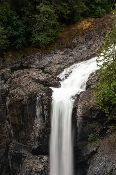 Photo of The top of the majestic Elk Falls as it crashes over the top on the Campbell River, Vancouver Island, Canada, on a long exposure to create motion blur to the falling water