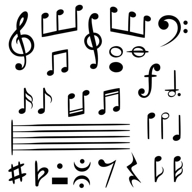 ilustrações de stock, clip art, desenhos animados e ícones de music notes. musical note key silhouette, treble clef sound melody art vector symbols - musical staff musical note music musical symbol