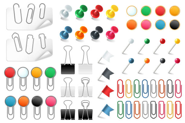 ilustrações de stock, clip art, desenhos animados e ícones de pins paper clips. push pins fasteners staple tack pin colored paper clip office organized announcement, realistic vector set - thumbtack bulletin board blue office supply