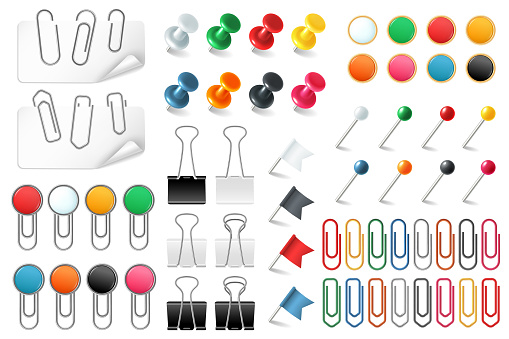 Pins paper clips. Push pins fasteners staple tack pin colored paper clip office organized announcement, stationery realistic vector set