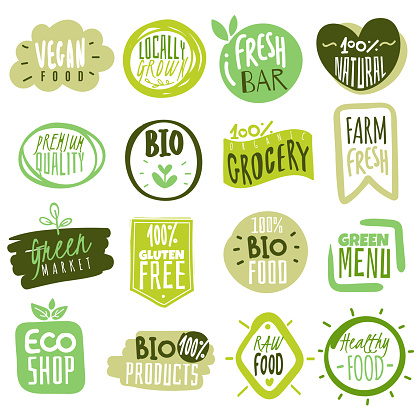 Organic food labels. Natural healthy meal fresh diet products logo stickers. Ecology farm eco food. Vector nature green premium vegan badges