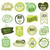 istock Organic food labels. Natural meal fresh products logo. Ecology farm bio food vector green premium badges 1153254781