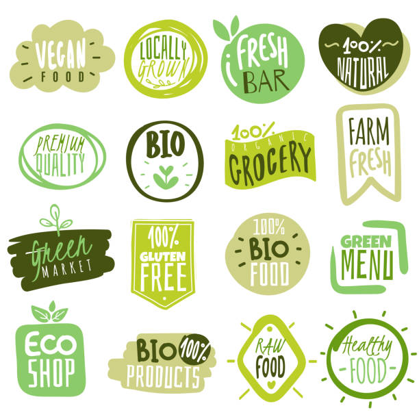 Organic food labels. Natural meal fresh products logo. Ecology farm bio food vector green premium badges Organic food labels. Natural healthy meal fresh diet products logo stickers. Ecology farm eco food. Vector nature green premium vegan badges hand drawing background stock illustrations