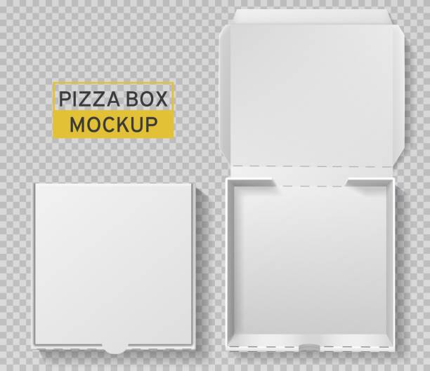 Pizza box. Open and closed pizza pack, top view paper white carton mockup, meal delivery, fast food lunch realistic vector template Pizza box. Open and closed pizza pack, top view paper white carton mockup, meal delivery, fast food lunch realistic vector packaging template over fed stock illustrations