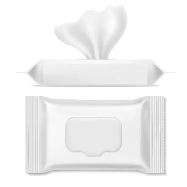 Vector illustration of Napkin pack. Antibacterial packs, wet wipes hygiene paper hand napkin makeup clean mockup packing template, realistic vector design