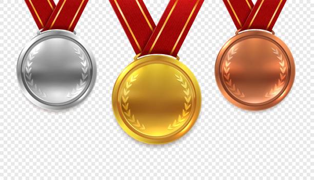 Gold silver bronze medals. Winner shiny circle medal honor champion award ceremony trophy place sport ribbon best prize, vector set Realistic medal set. Gold bronze and silver medals with red ribbons isolated on transparent background, award vector collection red crown logo stock illustrations