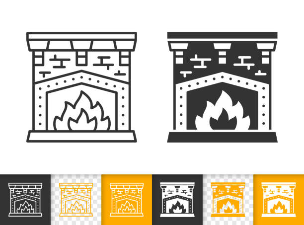 kominek prosty otwarty ogień czarna linia wektor ikona - log fire firewood fire chimney stock illustrations