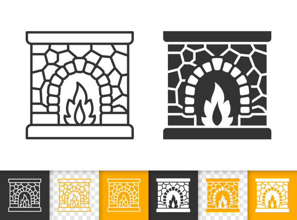 kominek prosty otwarty ogień czarna linia wektor ikona - log fire firewood fire chimney stock illustrations