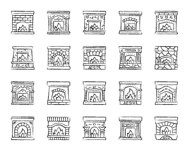 Vector illustration of Fireplace charcoal draw line icons vector set