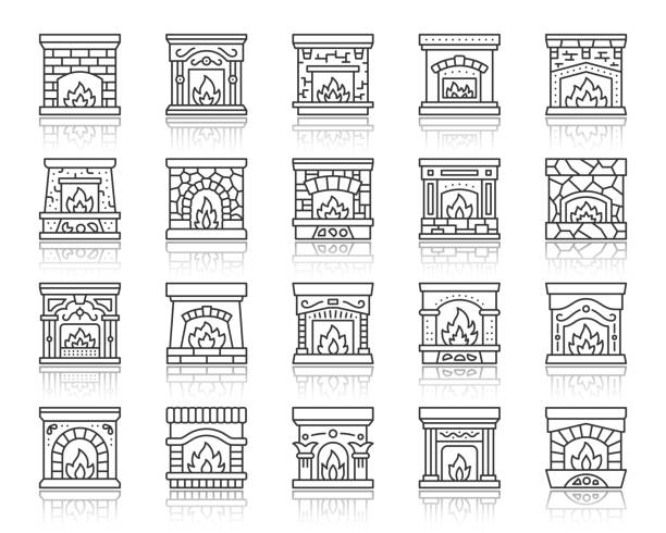 bildbanksillustrationer, clip art samt tecknat material och ikoner med eldstad enkel svart linje ikoner vektor uppsättning - spiselhylla