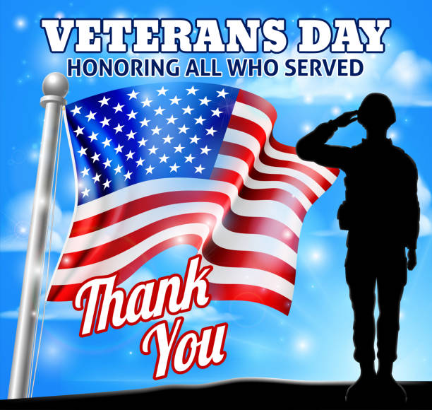 Veterans Day Soldier Saluting American Flag A patriotic soldier saluting with an American flag Veterans Day Honoring All who Served, Thank You background design veterans day logo stock illustrations