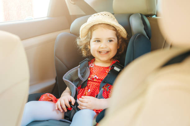 Cute little baby child sitting in car seat. Portrait of cute little baby child sitting in car seat.Safety concept. stock photo