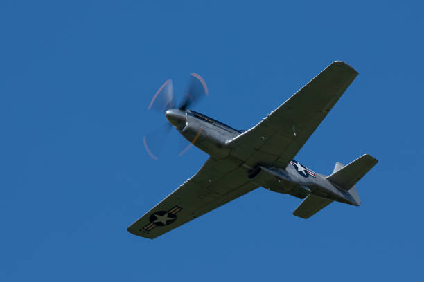 The unmistakable shape of a P51D Mustang (WWII American fighter plane) against the sky The unmistakable shape of a P51D Mustang (WWII American fighter plane) against the sky p 51 mustang stock pictures, royalty-free photos & images