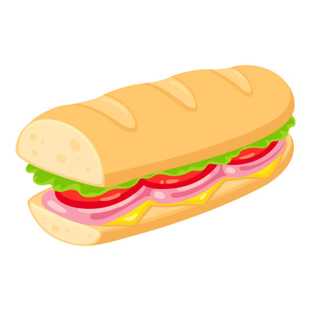 Sub sandwich illustration Sub style sandwich with ham, cheese, tomato and lettuce. Traditional deli sub vector clip art illustration. meat clipart stock illustrations