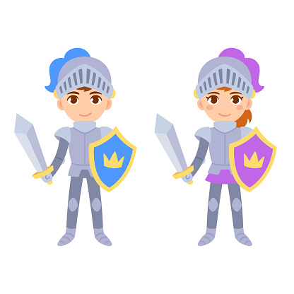 Cute cartoon medieval knight characters, boy and girl. Children in fairy tale knight costumes, isolated vector clip art illustration.