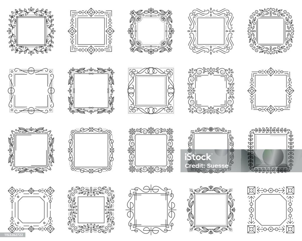 Text square frame simple black line vector set Text square frame thin line set. Outline sign kit of border ornament. Linear decorative monogram template, wedding card vintage design. Simple flourish contour decor isolated. Vector Illustration Picture Frame stock vector