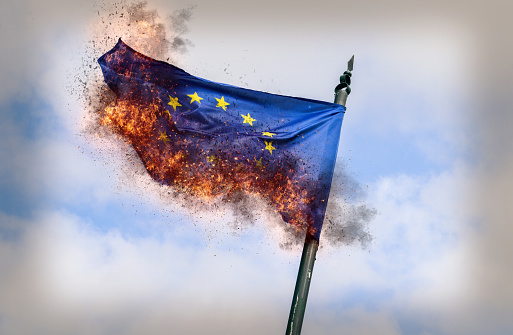 Flag of European Union burning with ashes concept - digital manipulation