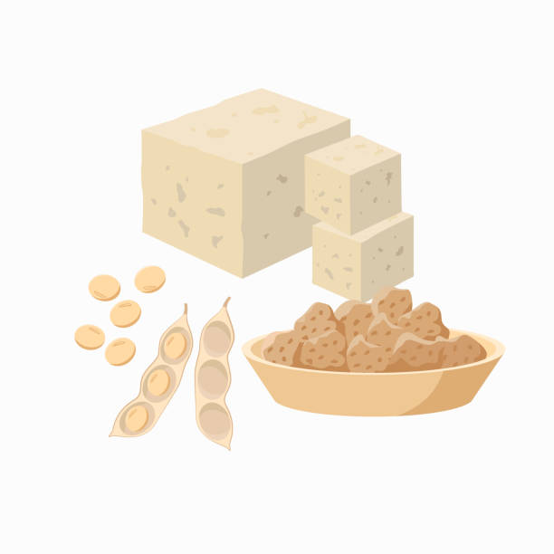 тофу и стручка сои с семенами сои и сои в тарелке изолированы на белом фоне. векторная иллюстрация в плоском дизайне. - soy products stock illustrations